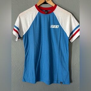 Fox Racing Raglan Graphic Tee Blue White Red Moto T-Shirt Size Small